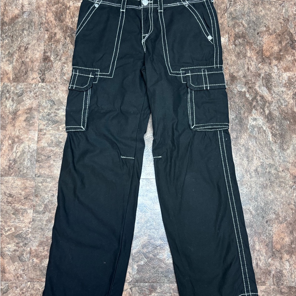 True Religion Black Cargo Pants with White Stitching
